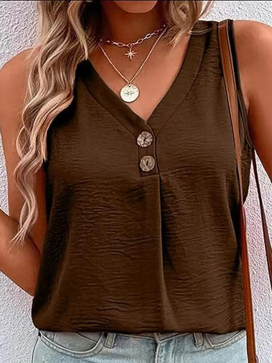Brown textured sleeveless V-neck top with button front detail