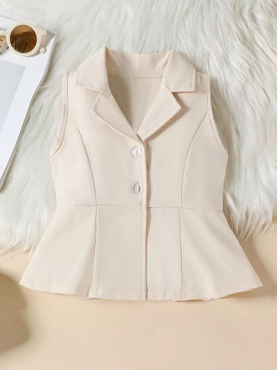 Beige sleeveless peplum blazer with collar and two buttons