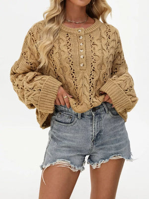 Khaki relaxed pullover sweater with henley