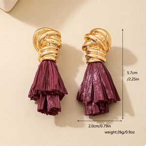 18k Gold-plated Wire Wrapped Tassel Drop Earrings in burgundy with tassel detail