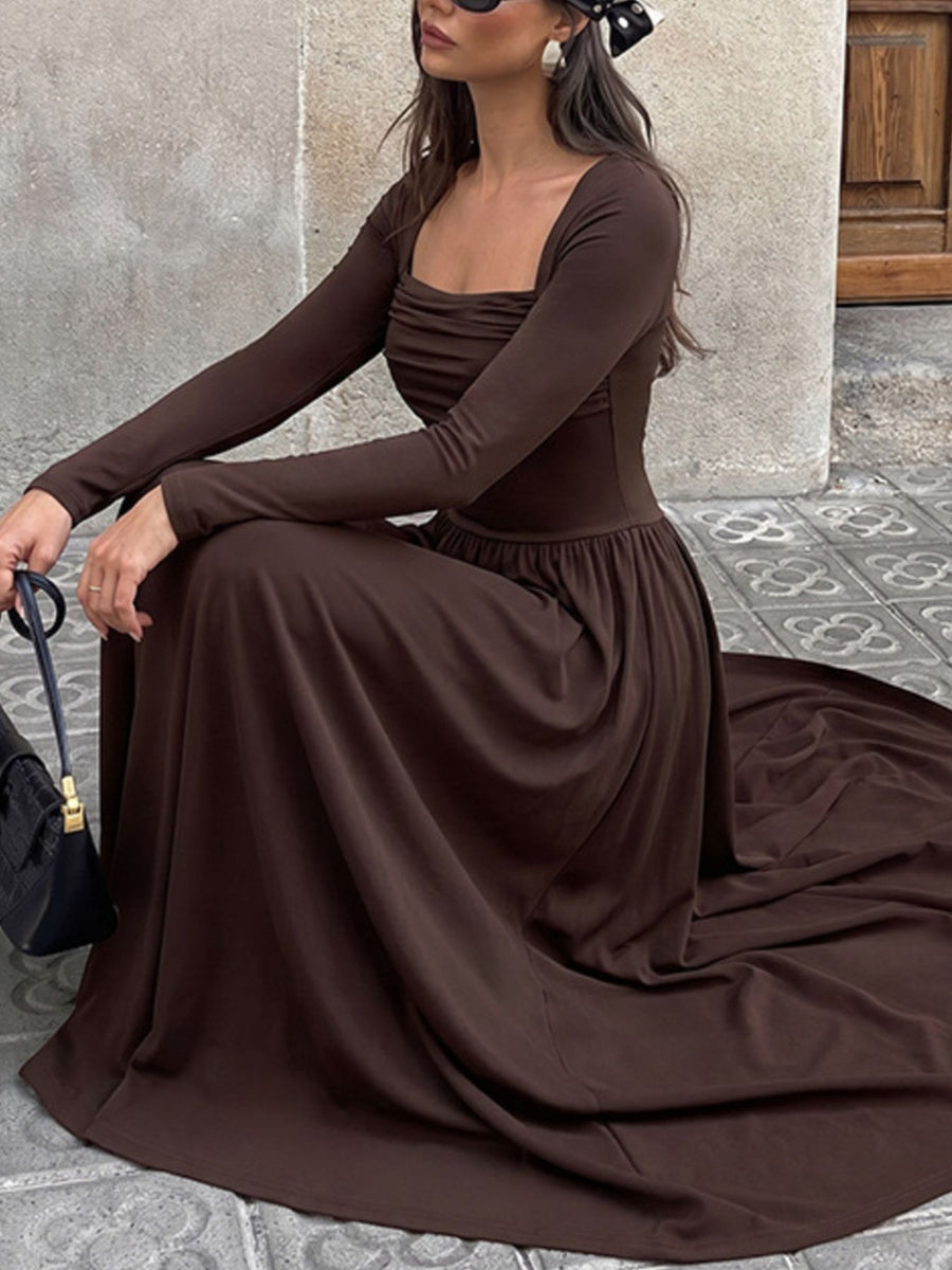 95% polyester, 5% elastane Care instructions: Machine wash cold maxi dress in Coffee Brown with A-line silhouette
