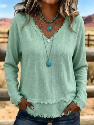 blouse in Gray with v-neck and long sleeve