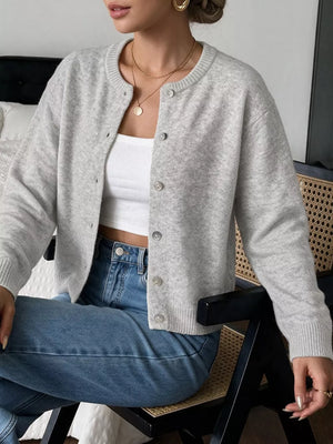 Crew Neck Button-down Cardigan in light gray with buttoned