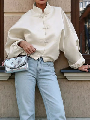 Apricot oversized button-up shirt with mandarin collar