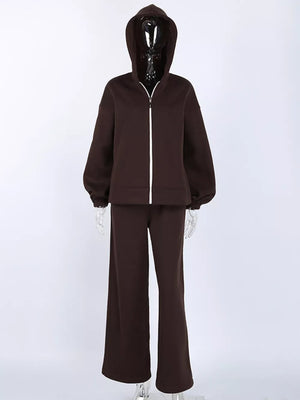 Zip-up Hoodie And Wide-leg Sweatpants Set in Pink with drawstring