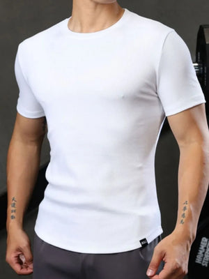 White ribbed crewneck tee for him with short sleeves and a slim fit.