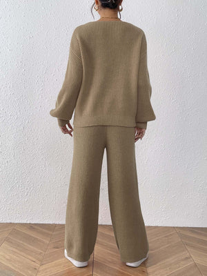 modern sweater set in camel with v-neck
