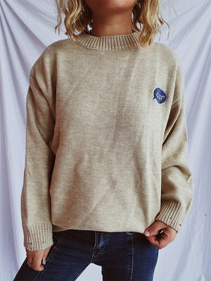 Embroidered character relaxed knit sweater in Dark Gray