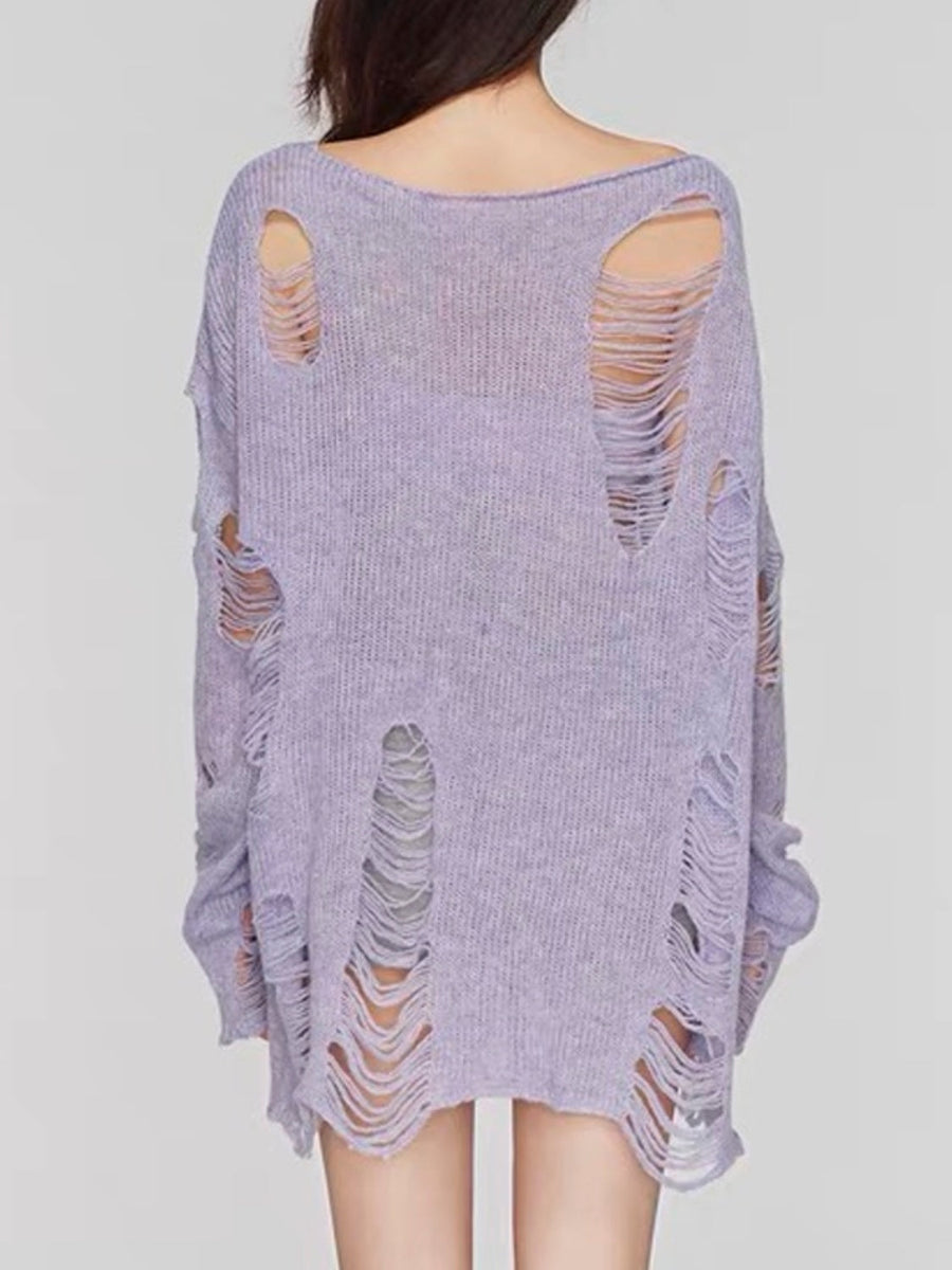 Lilac ripped knit oversized beach pullover sweater with boat neck and distressed details.