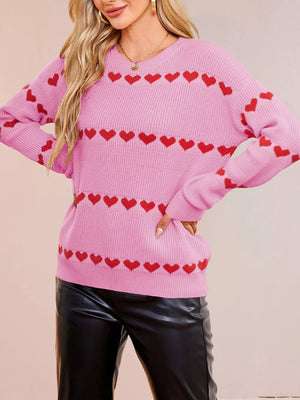 pink pullover sweater with heart and crew neck