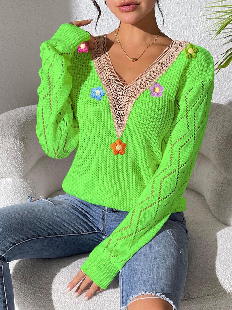 Floral Applique V-Neck Openwork Sweater in Green with lace