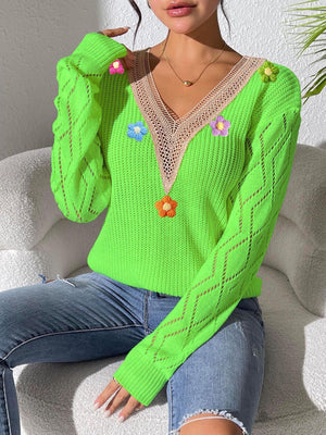 Floral Applique V-Neck Openwork Sweater in Green with lace