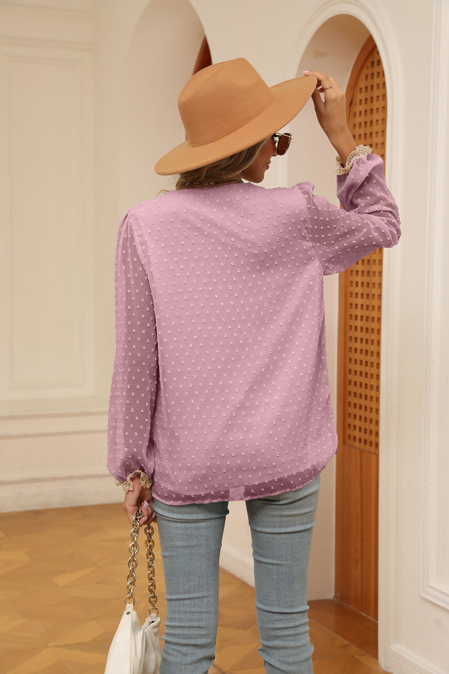 Light Mauve Swiss dot blouse with poet sleeves and lace cuffs.