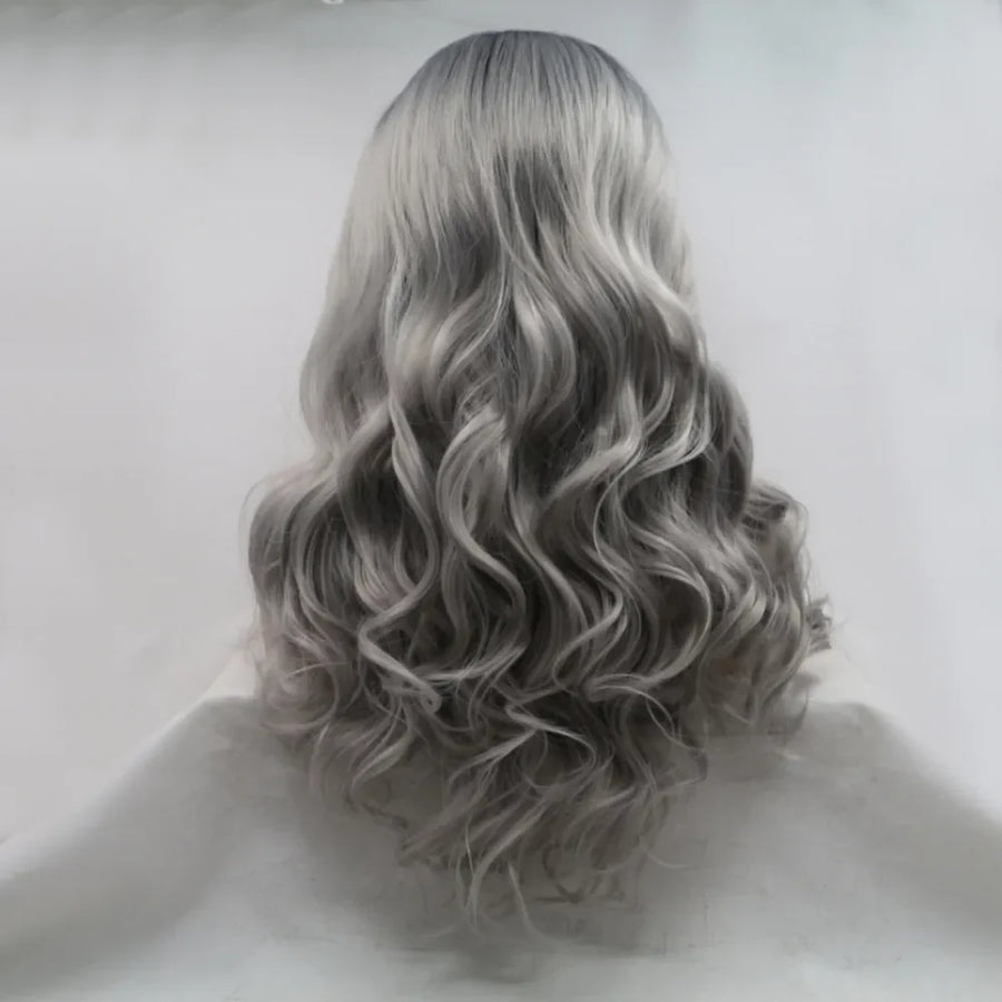 Silver ombre lace front wig with long wavy curls in black and grey tones.