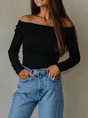 Black lace-embellished off-shoulder slim maternity overshirt with ruched detail and long sleeves.