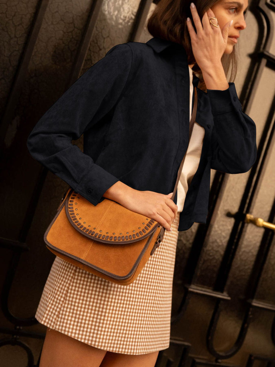 Cropped Faux Suede Button-Down Jacket in Ochre with buttoned
