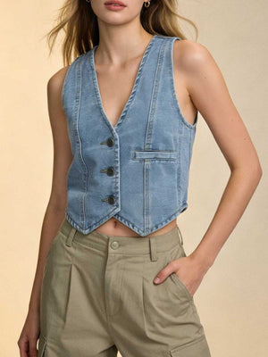 Light blue denim vest with V-neck, button front, and chest pocket.