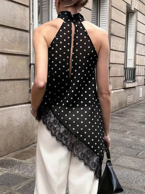 Black Polka Dot Lace Trim Asymmetrical Hem Sleeveless Blouse