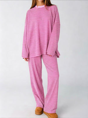 fuchsia pajama set with striped and mock neck