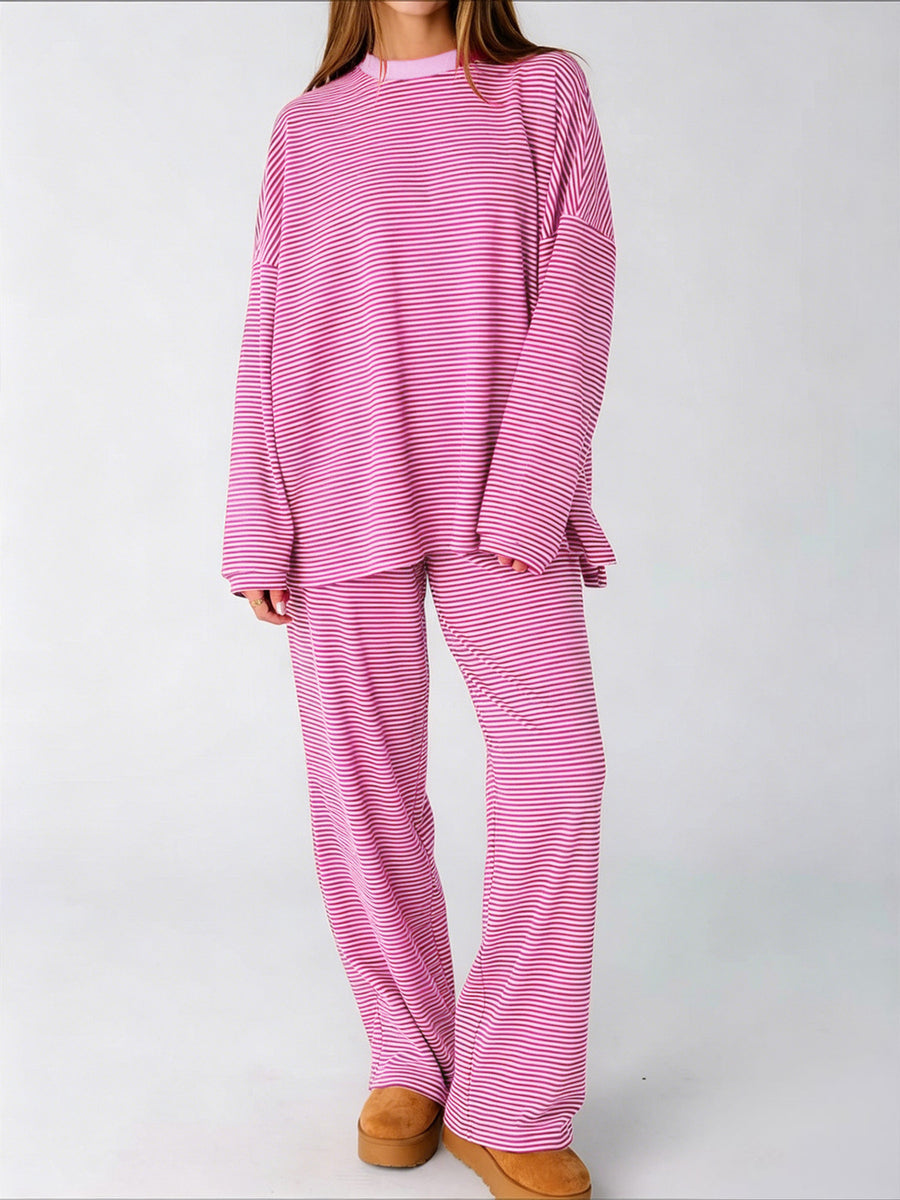 fuchsia pajama set with striped and mock neck
