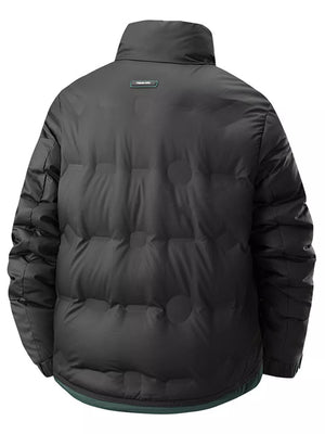 Black puffer jacket with subtle circular pattern and high collar.