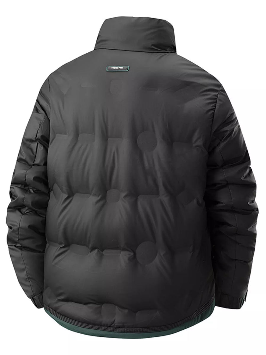 Black puffer jacket with subtle circular pattern and high collar.
