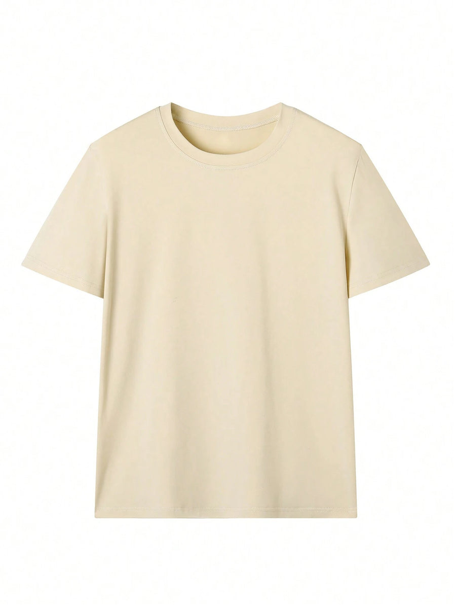 Tan crewneck t-shirt with short sleeves and a relaxed fit.