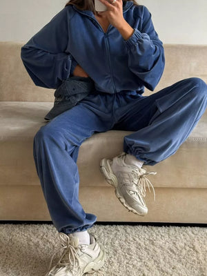 lounge set in dusty blue featuring drawstring and relaxed fit
