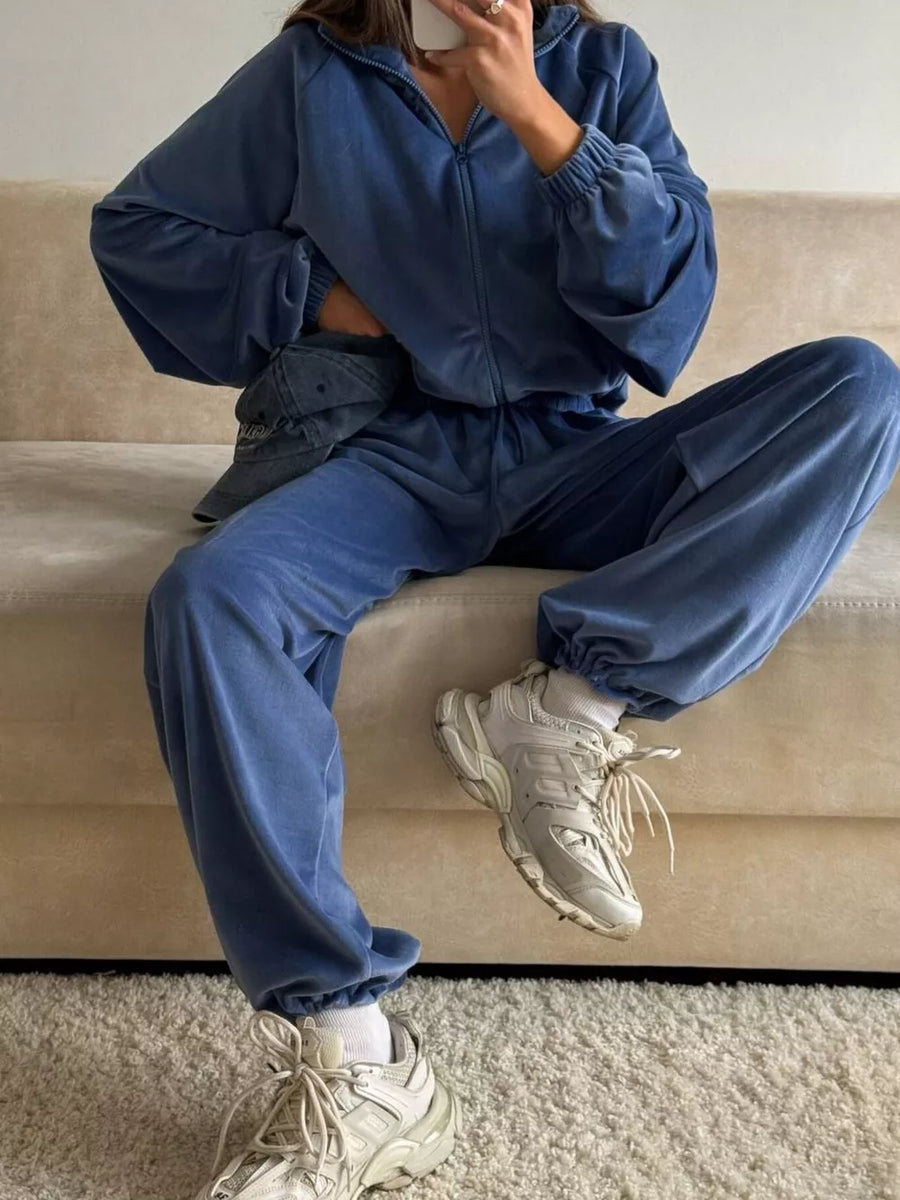lounge set in dusty blue featuring drawstring and relaxed fit