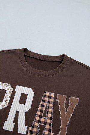 Plaid Pray Crew Neck Sweatshirt in Dark Brown with graphic print