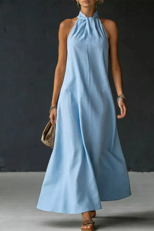 Light blue cotton blend maxi dress with twisted halter neckline and a-line cut