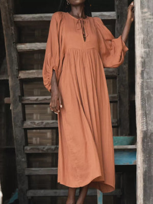 Amber tie-neck midi dress with puff sleeves and gathered waist