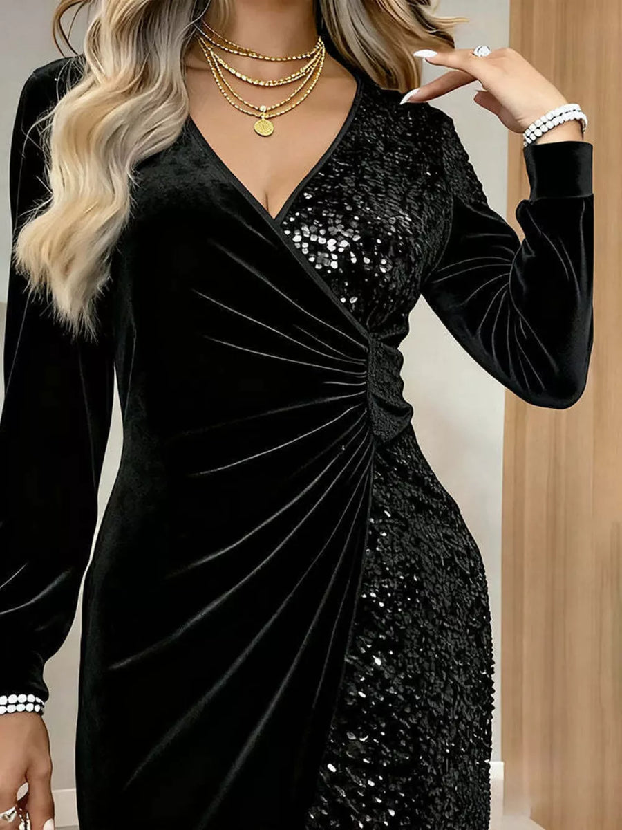 Black Velvet Sequin Long Sleeve Wrap Dress