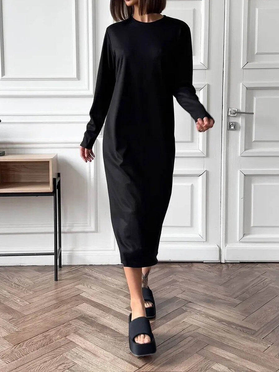 Round Neck Long-Sleeve Midi Dress in Dust Storm