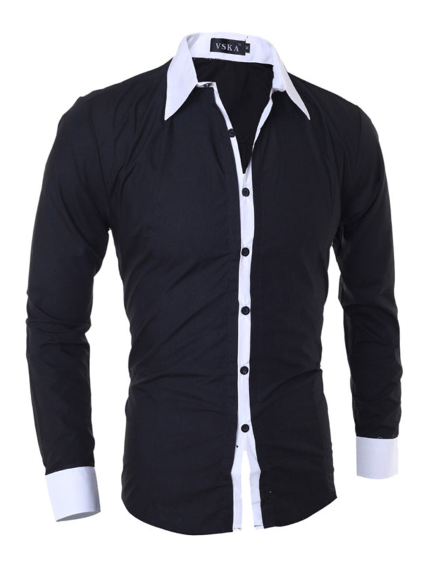 Men's black slim fit long sleeve shirt with white collar and cuffs