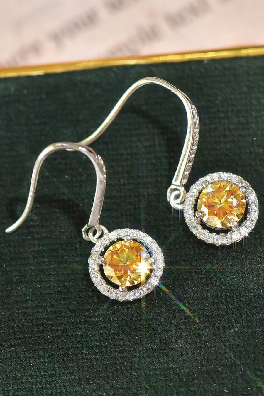 Yellow moissanite halo drop earrings with silver hooks