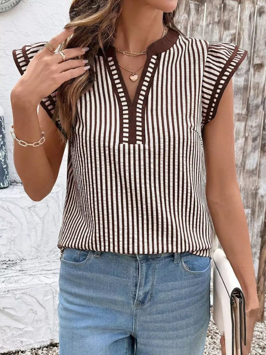 Vertical stripe blouse in brown and white with ruffle sleeves and a V-neck.