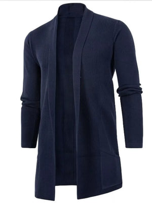 Burgundy cardigan with thigh-length and open-front