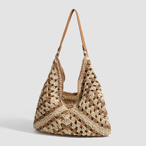 shoulder bag in beige featuring crochet knit and relaxed fit