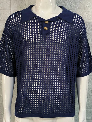 Navy open-knit polo shirt with pointed collar and two buttons