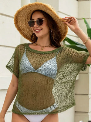 Army green crochet knit swim cover-up with openwork texture and short sleeves.