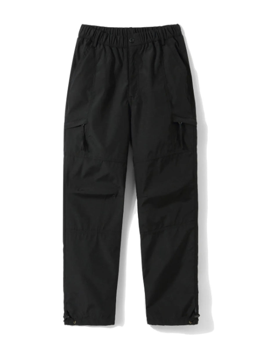 Black relaxed fit cargo pants with multiple pockets and adjustable drawstring cuffs.