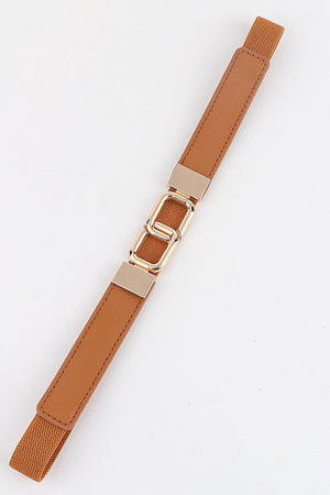 Caramel elastic belt with linked rectangle gold buckle and faux leather trim