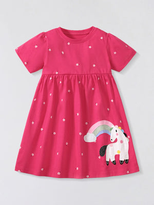 Toddler girls pink cotton aline dress with unicorn and rainbow applique.