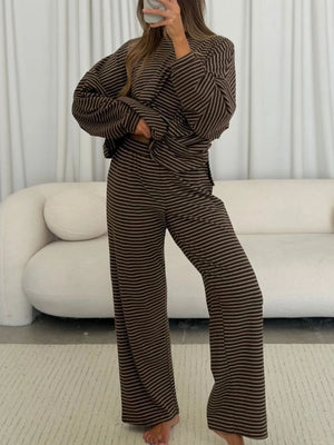 dark brown lounge set with striped and round neck