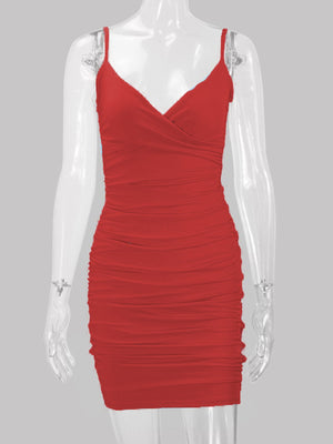 V-Neck Mini Ruched Dress in Khaki