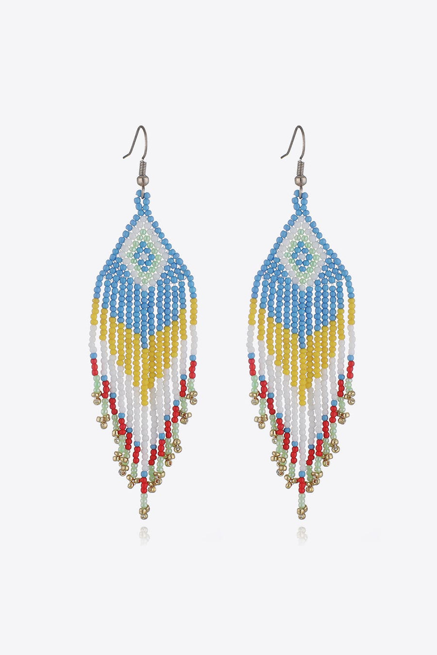 Beaded diamond fringe earrings in blue, yellow, white, red, green, and gold beads.