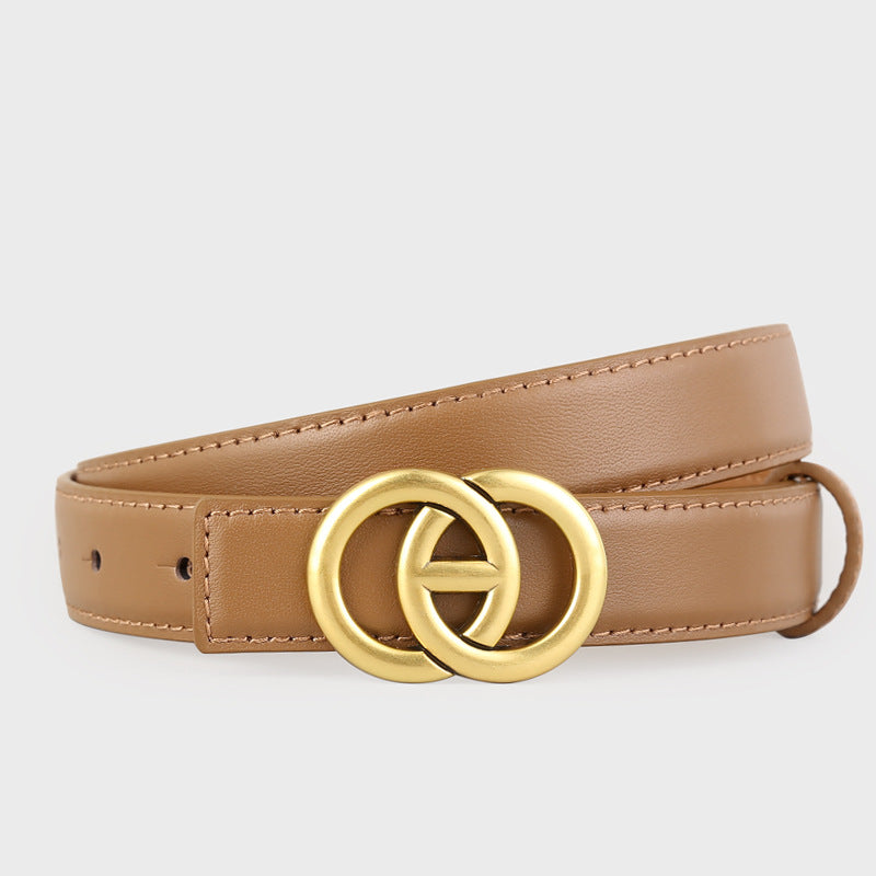 Brown leather belt with double circle gold buckle