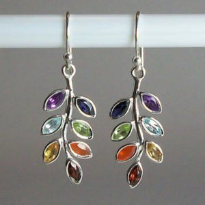 Gemstone leaf drop earrings in multicolor with silver alloy hooks.
