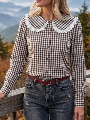 button-up shirt in Blue with peter pan collar and hip-length